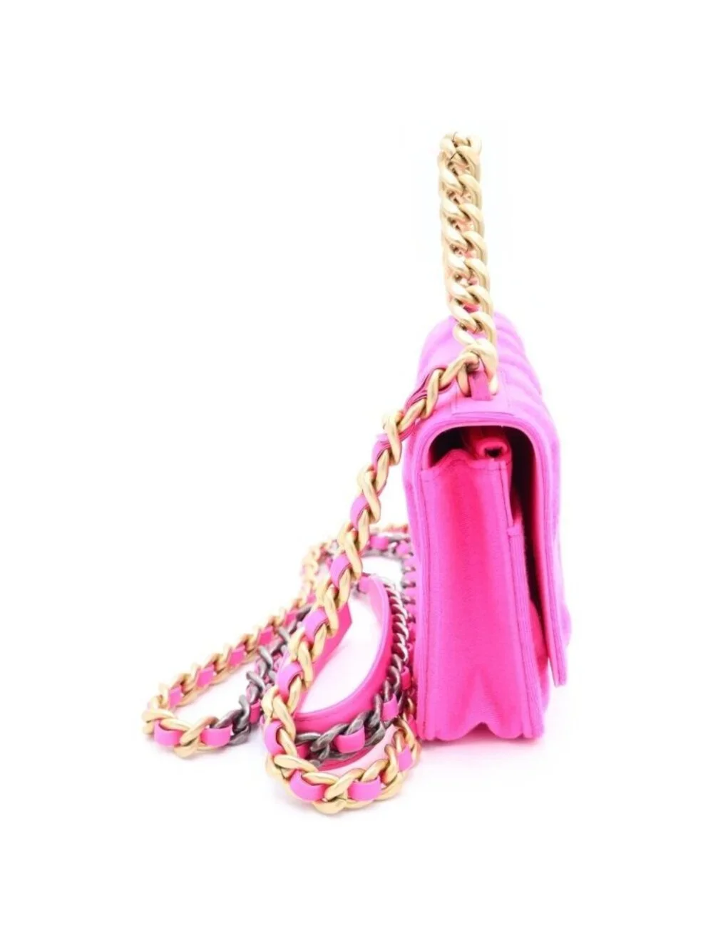 Chanel 19 Quilted CC Logo Jersey Lambskin Chain Shoulder Bag Pink